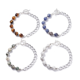Natural Mixed Stone Round Beaded Bracelets Set with Curb Chain for Men Women, Silver