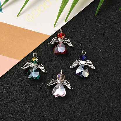Electroplate Glass Pendants, with Wing Alloy Beads and Iron Findings, Angel, Antique Silver & Platinum