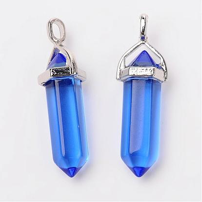 Bullet Glass Pointed Pendants, with Alloy Findings, 40x12mm, Hole: 3x4mm