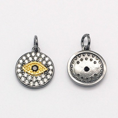 Flat Round with Evil Eye Brass Micro Pave Cubic Zirconia Charms, Cadmium Free & Nickel Free & Lead Free, 13x12x2mm, Hole: 3mm