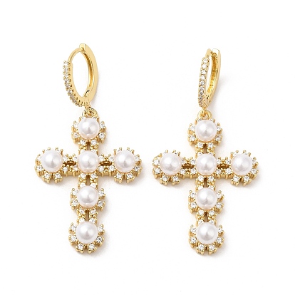 Boucles d'oreilles créoles pendantes croix zircone cubique avec perle d'imitation en plastique ABS, bijoux en laiton pour femmes