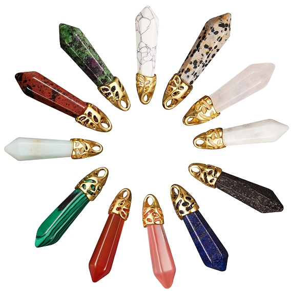 12 pcs 12 pendentifs de pierres précieuses mélangées naturelles de balle de style, avec les accessoires en laiton de tonalité d'or