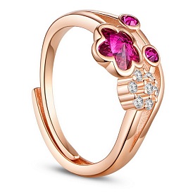 SHEGRACE Elegant Fashion 925 Sterling Silver Finger Ring, with Rose Red Cubic Zirconia Plum Blossoms