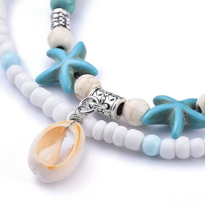 Bracelets cheville cauris, avec des perles turquoises et des perles de rocaille en verre, Perles en alliage de style tibétain, Fermoir mousqueton, fermoirs de homard en alliage de zinc 