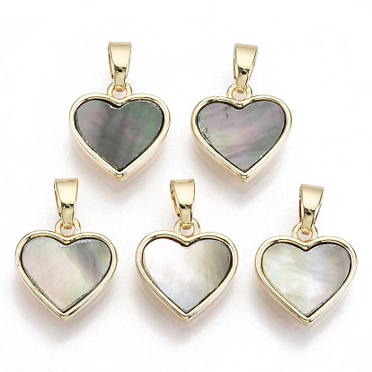 Natural Black Lip Shell Charms, with Brass Findings, Nickel Free, Heart