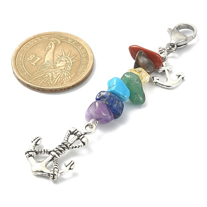 Anchor & Helm Tibetan Style Alloy Pendant Decorations, with Chakra Gemstone Chips and Lobster Claw Clasps Charm