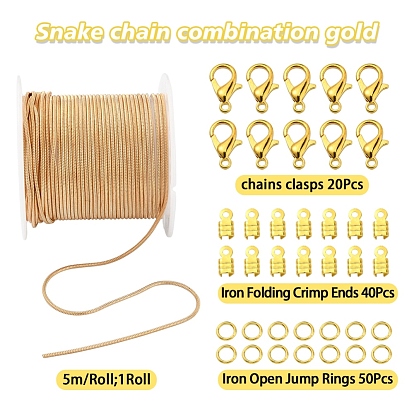 Kit de fabricación de collar de pulsera de cadenas de bricolaje, incluyendo cadena de serpiente redonda de latón, broches de aleación, anillos de salto de hierro y extremos de engarce plegables