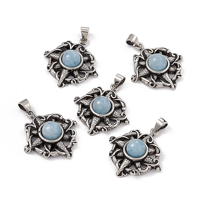 Natural Gemstone Pendants, Flat Round Charms with Flower, with Antique Silver Color Brass Findings