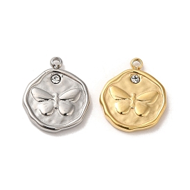 304 Stainless Steel Pendants, with Crystal Rhinestone, Flat Round with Butterfly