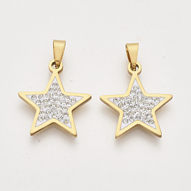 201 Stainless Steel Pendants, with Random Size Snap On Bails and Polymer Clay Crystal Rhinestones, Star