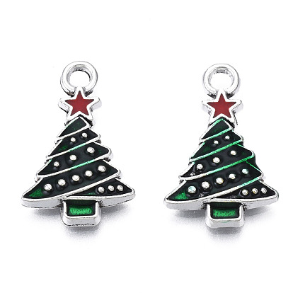 Christmas Alloy Enamel Pendants, Cadmium Free & Nickel Free & Lead Free, Platinum, Christmas Tree