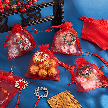 Pandahall elite 21 piezas colgantes de aleación de estilo tibetano, rama de olivo, con adornos de borlas de poliéster 20pcs y bolsas de regalo de organza 20pcs