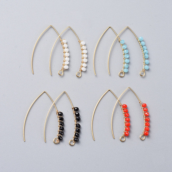 304 Stainless Steel Earring Hooks, with Faceted Rondelle Glass Beads and Horizontal Loop, Golden