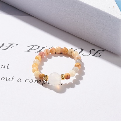 Natural Stone Round Beaded Stretch Ring with Moonstone for Women