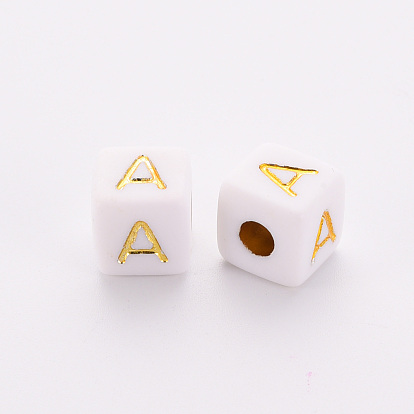 Perles européennes acryliques blanches opaques, trou horizontal, Perles avec un grand trou   , métal enlacée, cube avec des lettres aléatoires d'or
