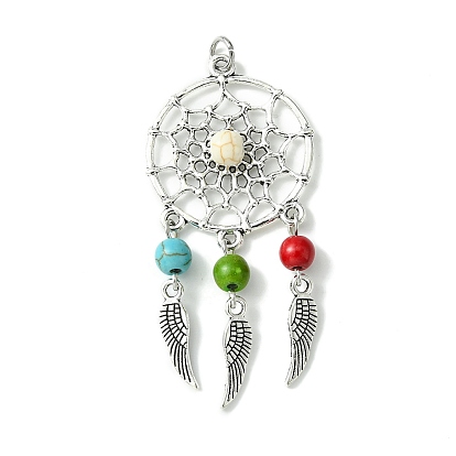 Synthetic Turquoise Dyed Big Pendants, Antique Silver Plated Alloy Woven Web/Net Charms, Mixed Color