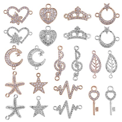22Pcs Mixed Shape Alloy Pendant & Charm Connector, with Cubic Zirconia, Star Heart Leaf Charm for Jewelry Necklace Bracelet Earring Making Crafts
