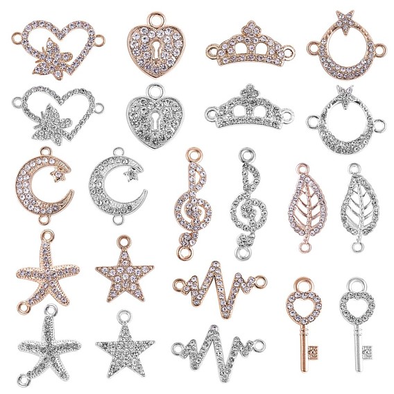 22Pcs Mixed Shape Alloy Pendant & Charm Connector, with Cubic Zirconia, Star Heart Leaf Charm for Jewelry Necklace Bracelet Earring Making Crafts