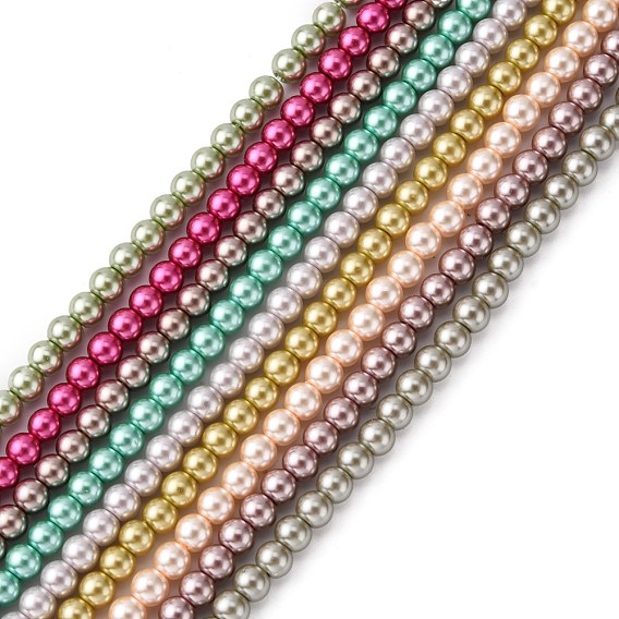 Eco-Friendly Dyed Glass Pearl Beads Strands, Grade A, Round, Cotton Cord Threaded