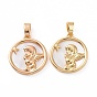 Brass Shell Pendants, Flat Round with Angel Charms