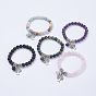 Natural Gemstone Stretch Charm Bracelets, with Alloy Tree Pendants, with Burlap Paking Pouches Drawstring Bags, Antique Silver