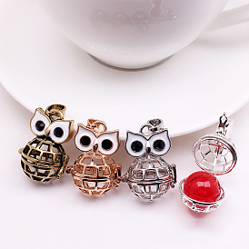 Brass Bead Cage Pendants, Hollow Owl Charms, with Enamel, for Chime Ball Pendant Necklaces Making