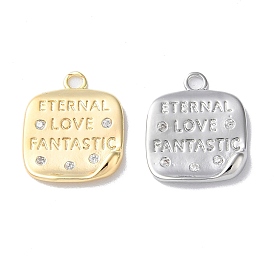 Brass Micro Pave Cubic Zirconia Pendants, Square with Word Charms