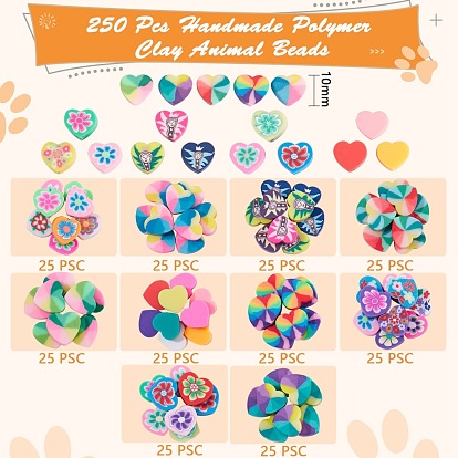 250Pcs 10 Style Handmade Polymer Clay Beads, Heart & Heart with Flower & Heart with Smiling Man