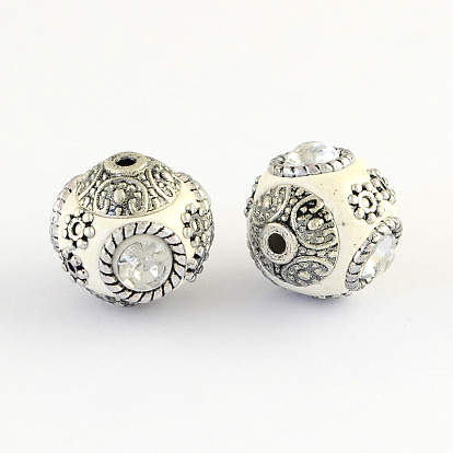 Perles rondes main indonésie, avec cabochons de verre et de métal couleur argent doubles noyaux en alliage d'antiquités, 14~15x15~16mm, Trou: 2mm