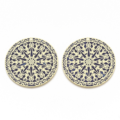 Brass Enamel Pendants, Etched Metal Embellishments, Matte Gold Color, Flat Round with Flower