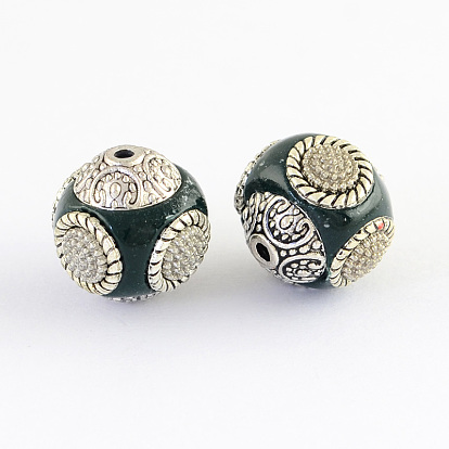 Round Handmade Indonesia Beads, with Alloy Cores, 14~16x14~16mm, Hole: 1.5mm