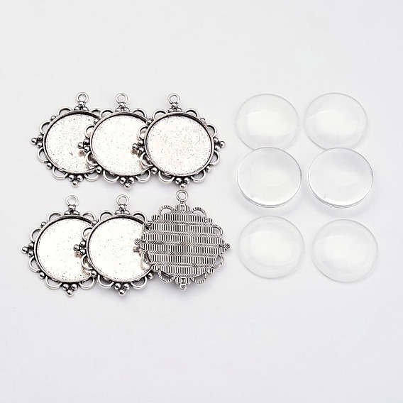 Pendant Making Sets, with Alloy Pendant Cabochon Settings, Glass Cabochons, Flat Round, Cadmium Free & Lead Free