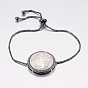 Adjustable Brass Micro Pave Cubic Zirconia Shell Bolo Bracelets, Slider Bracelets, with Brass Box Chains, Flat Round with Saint Benedict Medal, White