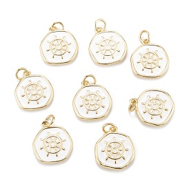 Brass Enamel Pendants, with Jump Rings, Long-Lasting Plated, Flat Round with Helm, White