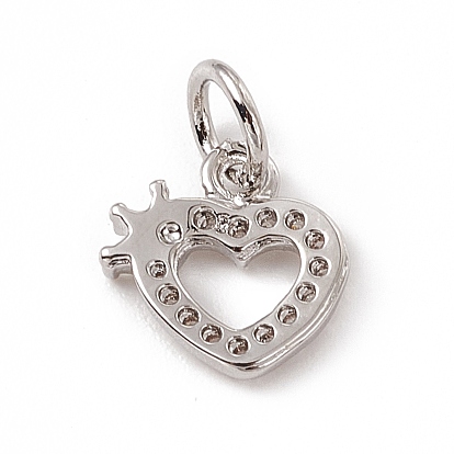 Breloques en laiton zircon cubique transparent, avec des anneaux de saut ouverts, coeur creux avec couronne