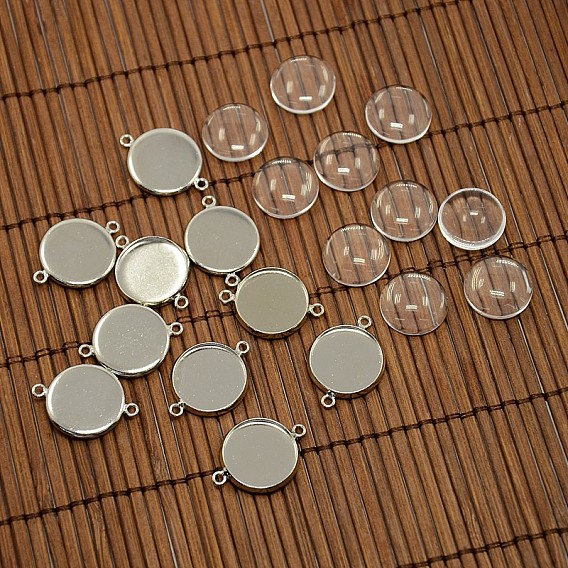 14mm Dome Clear Glass Cover and Brass Cabochon Connector Setting Sets, Setting: 21.5x16x2.5mm, Tray: 14mm, Hole: 1.5mm