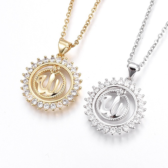 304 Stainless Steel Pendant Necklaces, with Cubic Zirconia, Flat Round with Allah