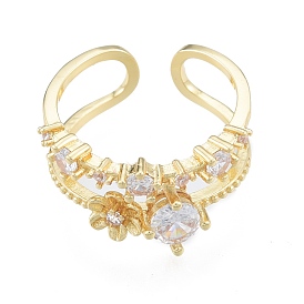 Clear Cubic Zirconia Flower Open Cuff Ring, Brass Chunky Ring for Women