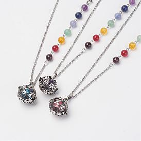 Brass Cage Pendant Necklaces, with Brass Round Smooth Chime Ball Beads, Gemstone Beads and 304 Stainless Steel Cross Chain