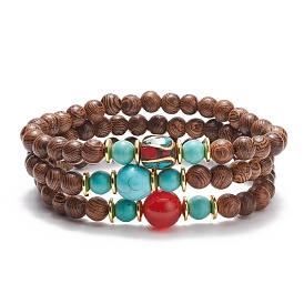 3Pcs 3 Style Natural & Synthetic Mixed Gemstone & Wood Stretch Bracelets Set with Indonesia Beaded for Women