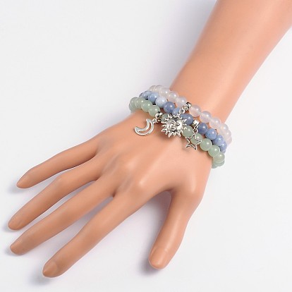 Étoiles de style tibétain & lune & soleil bracelets de charme en alliage, avec aventurine verte naturelle et agate grise, perles de quartz (teints)