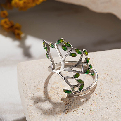 SHEGRACE Stainless Steel Cuff Rings, Open Rings, Wide Band Rings, with Enamel, Leafy Branches
