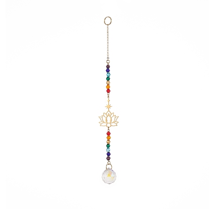 AB Color Teardrop Glass Suncatchers, with 201 Stainless Steel Lotus and Colorful Glass Bead, Wall Pendant Hanging Ornament for Home Garden Decoration