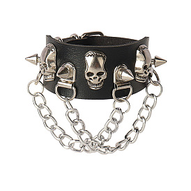 Cord Bracelet, Alloy Skull & Rivet & Chains Tassel Studded Bracelet