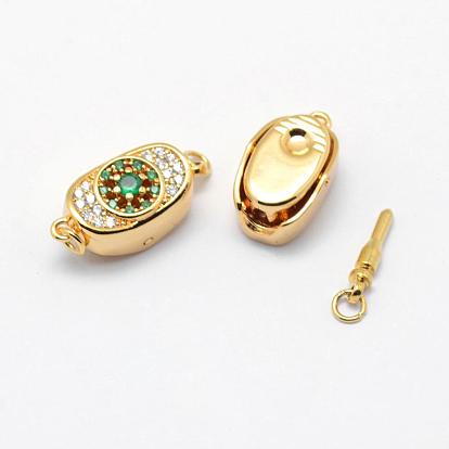Brass Box Clasps, with Cubic Zirconia, Cadmium Free & Nickel Free & Lead Free, Real 18K Gold Plated, Oval and Round