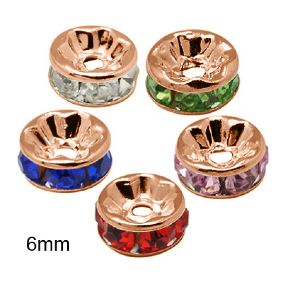 Brass Rhinestone Spacer Beads, Grade AAA, Straight Flange, Nickel Free, Rose Gold Metal Color, Rondelle, 6x3mm, Hole: 1mm