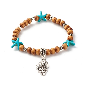 Bracelet extensible perles turquoises synthétiques étoile de mer & perles rondes bois naturel, bracelet à breloques en alliage en forme de coquillage pour femme