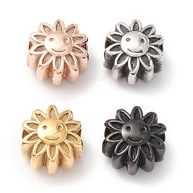 304 Stainless Steel European Beads, Large Hole Beads, Manual Polishing, Flower with Smiling Face