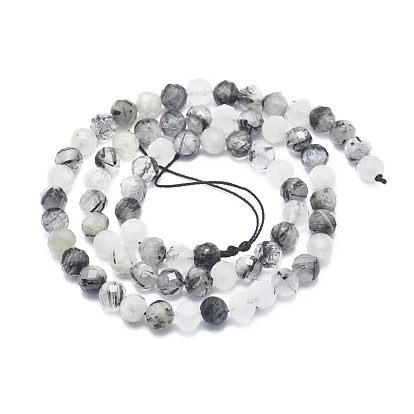 Natural Tourmalinated Quartz/Black Rutilated Quartz Beads Strands, Faceted, Round
