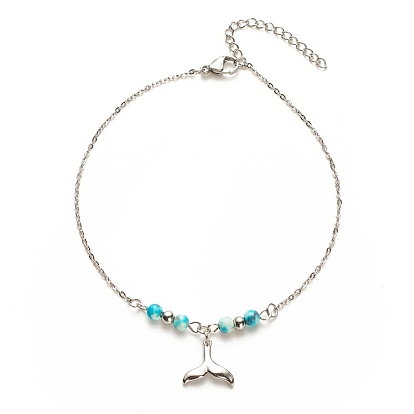 304 Stainless Steel Whale Tail Charm Anklet with Round Natural White Jade Beads for Women